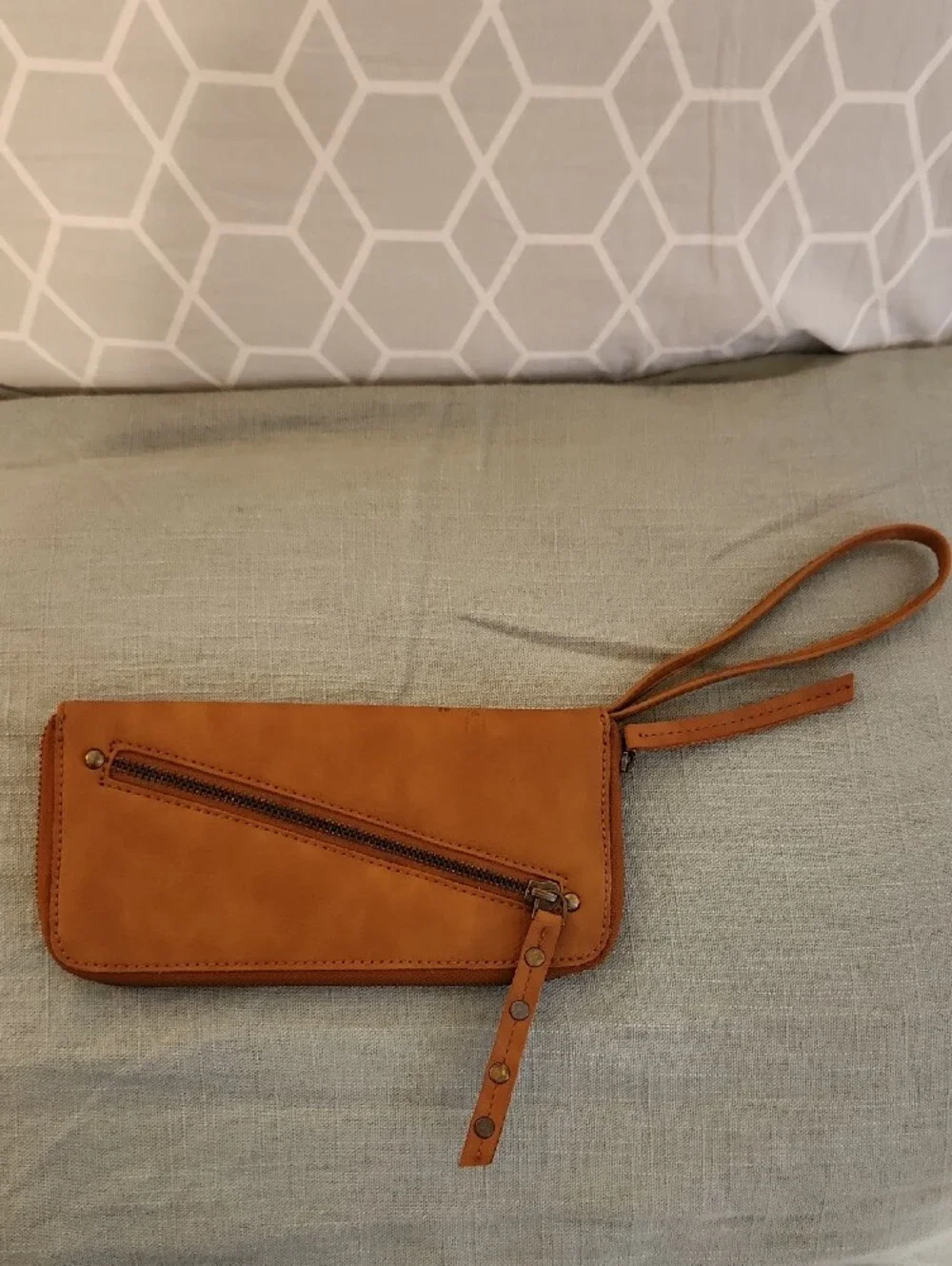 Free People Cognac Studded Wristlet Clutch Vegan Leather